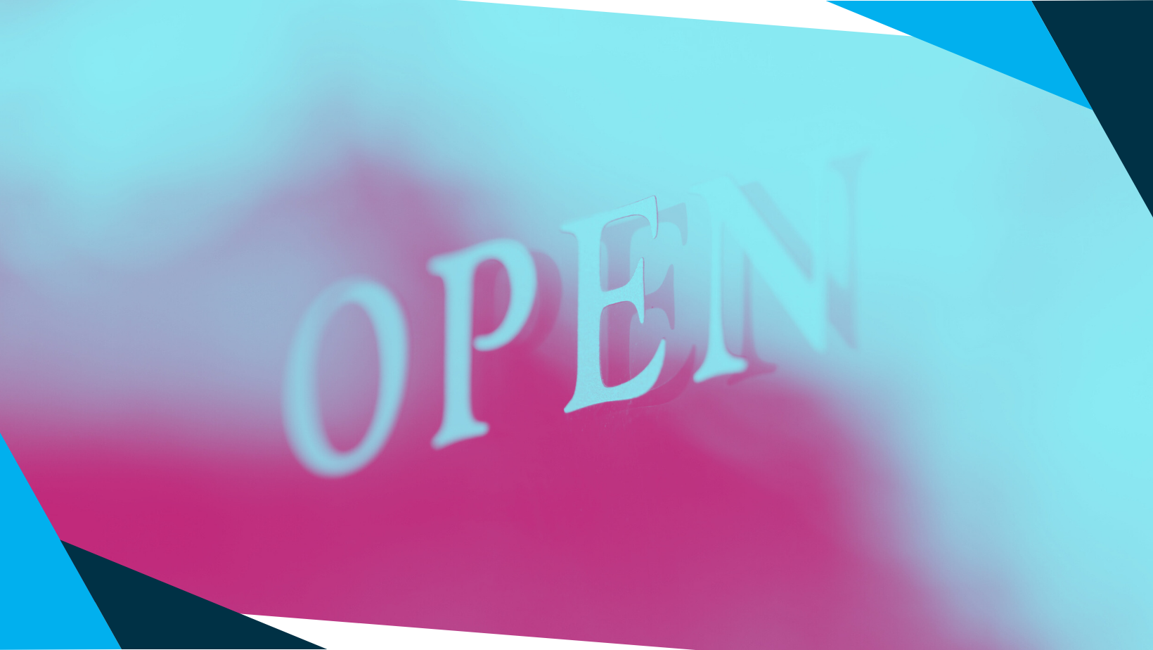A duotone pink and blue close up of an "open" sign