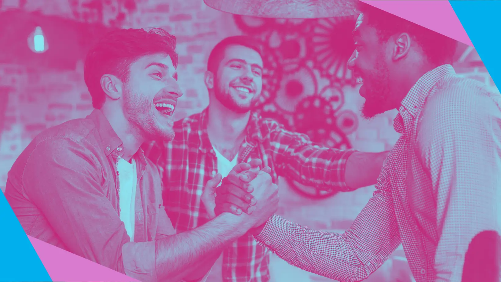 A Pink Duotone image of three men meeting and smiling