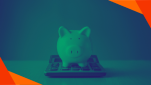 A green duotone image of a piggy bank sat atop a calculator