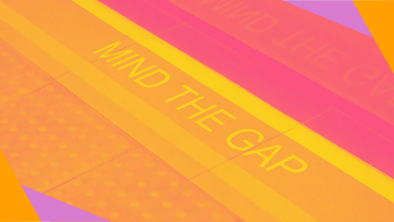 A duotone yellow image of a "mind the gap" sign at a train station