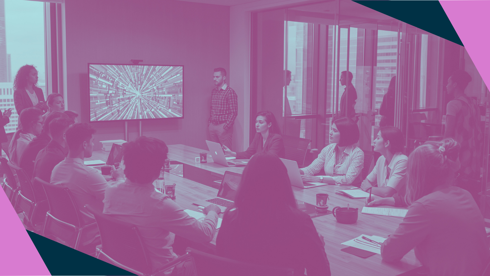 A pink duotone image of a meeting in a boardroom