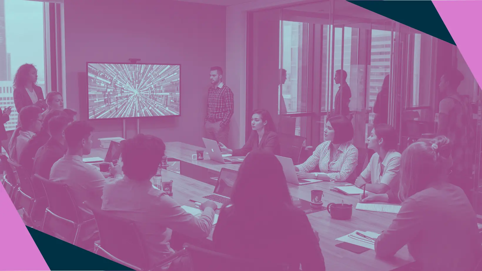 A pink duotone image of a meeting in a boardroom
