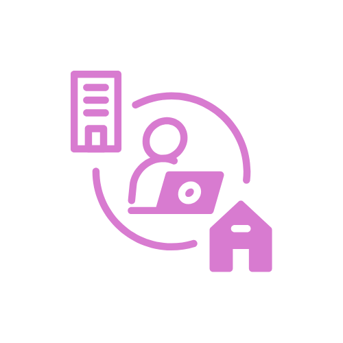 Icon showing a person at a laptop between an professional building and a house, representing hybrid events