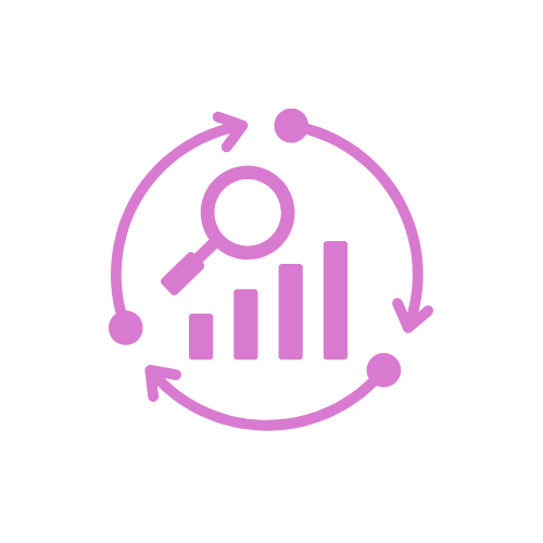 Icon showing charts and a magnifying glass framed in arrows making a circle, representing post event analytics