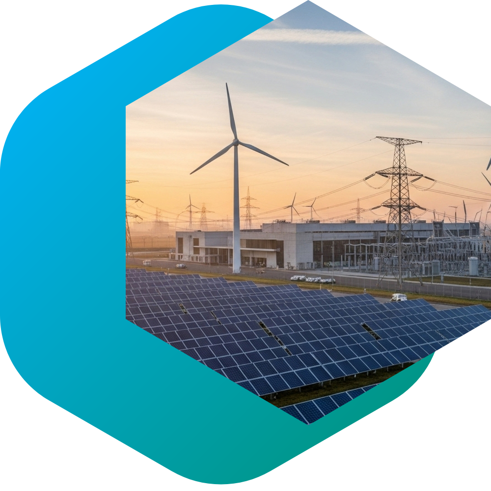 Wind turbines and a solar panel energy farm at dusk