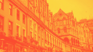 An orange duotone image of Victoria Street in Edinburgh